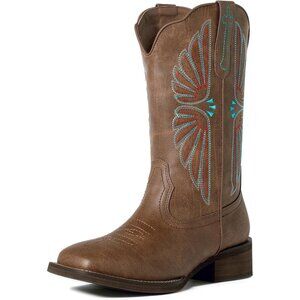 Woman's Brown Square Toe Femme Western Retro Classic Embroidery Cowgirl Boots
